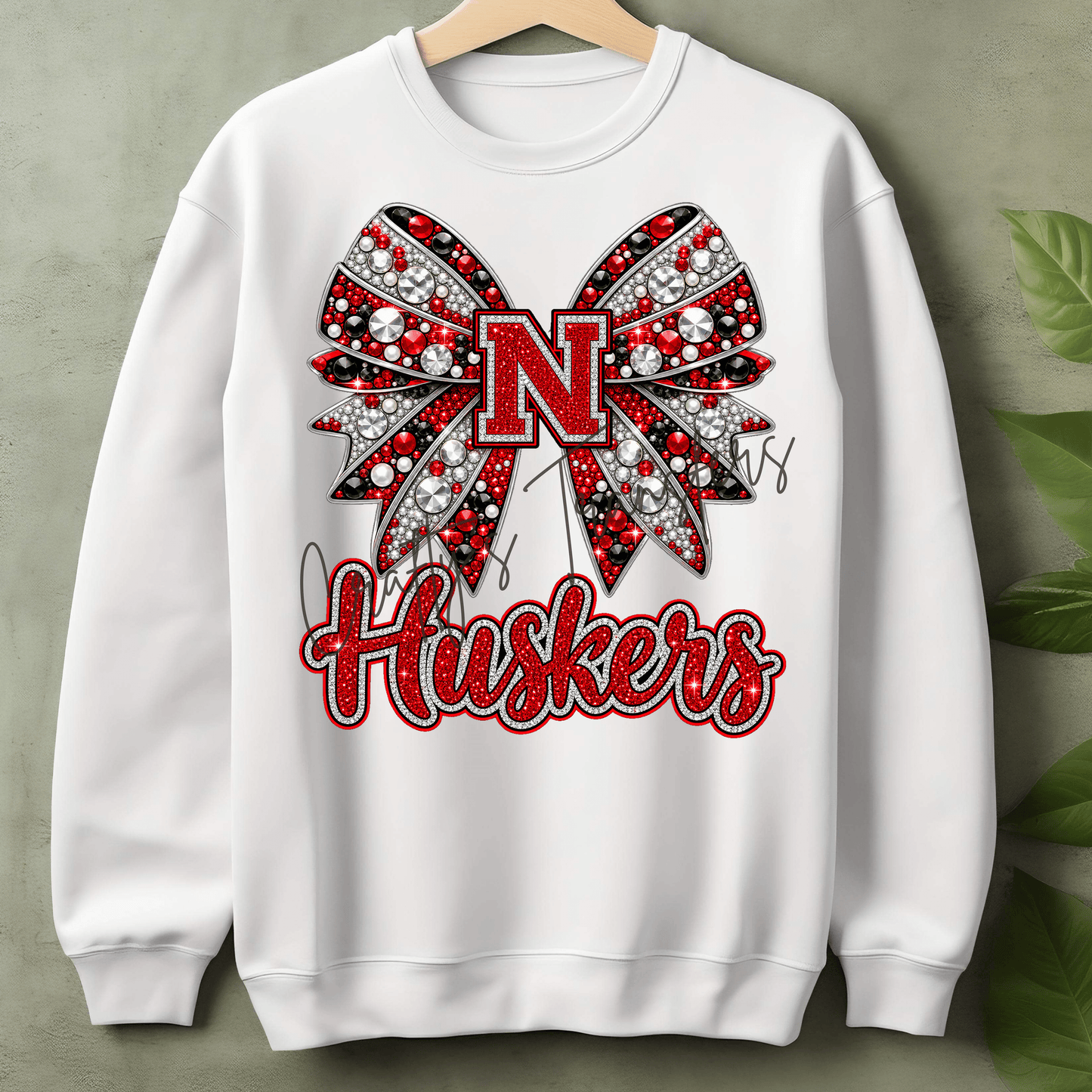 Red & Black Rhinestone Bow DTF Transfer – Letter N Game Day Shirt Design – Sparkle School Spirit Transfer