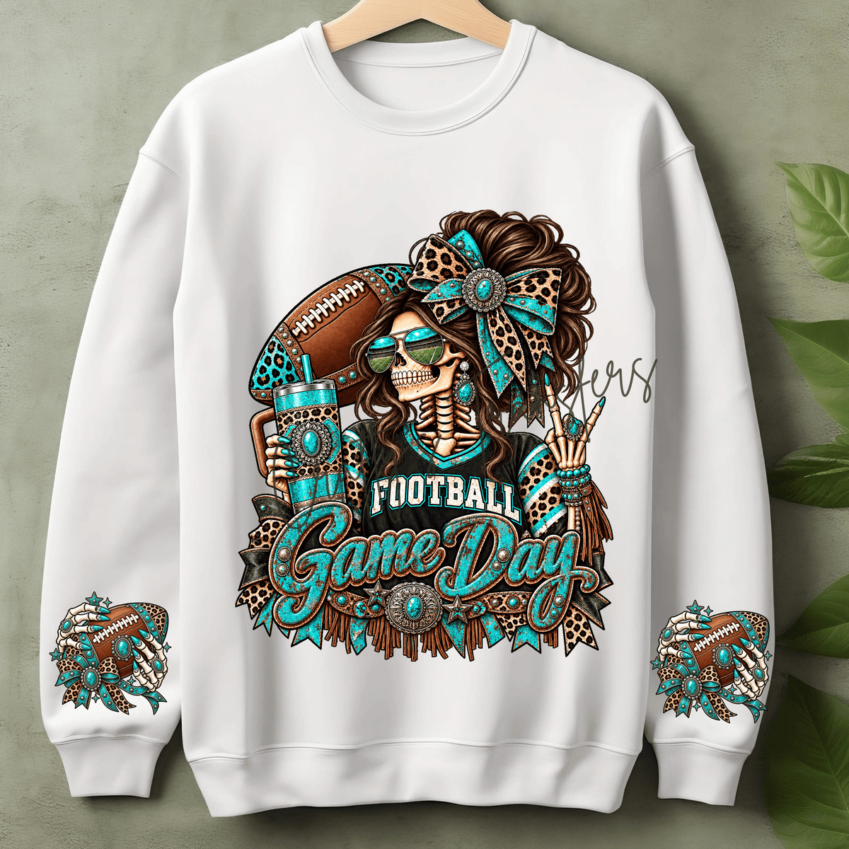 Western Football Game Day Skeleton Girl DTF Transfer – Turquoise Cheetah Print Game Day Shirt Design – Blonde or Brunette Option