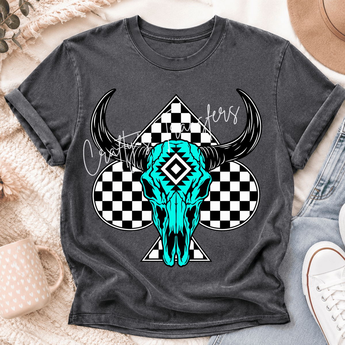 Turquoise Steer Skull DTF Transfer – Black & White Checkered Western Cow Skull Design