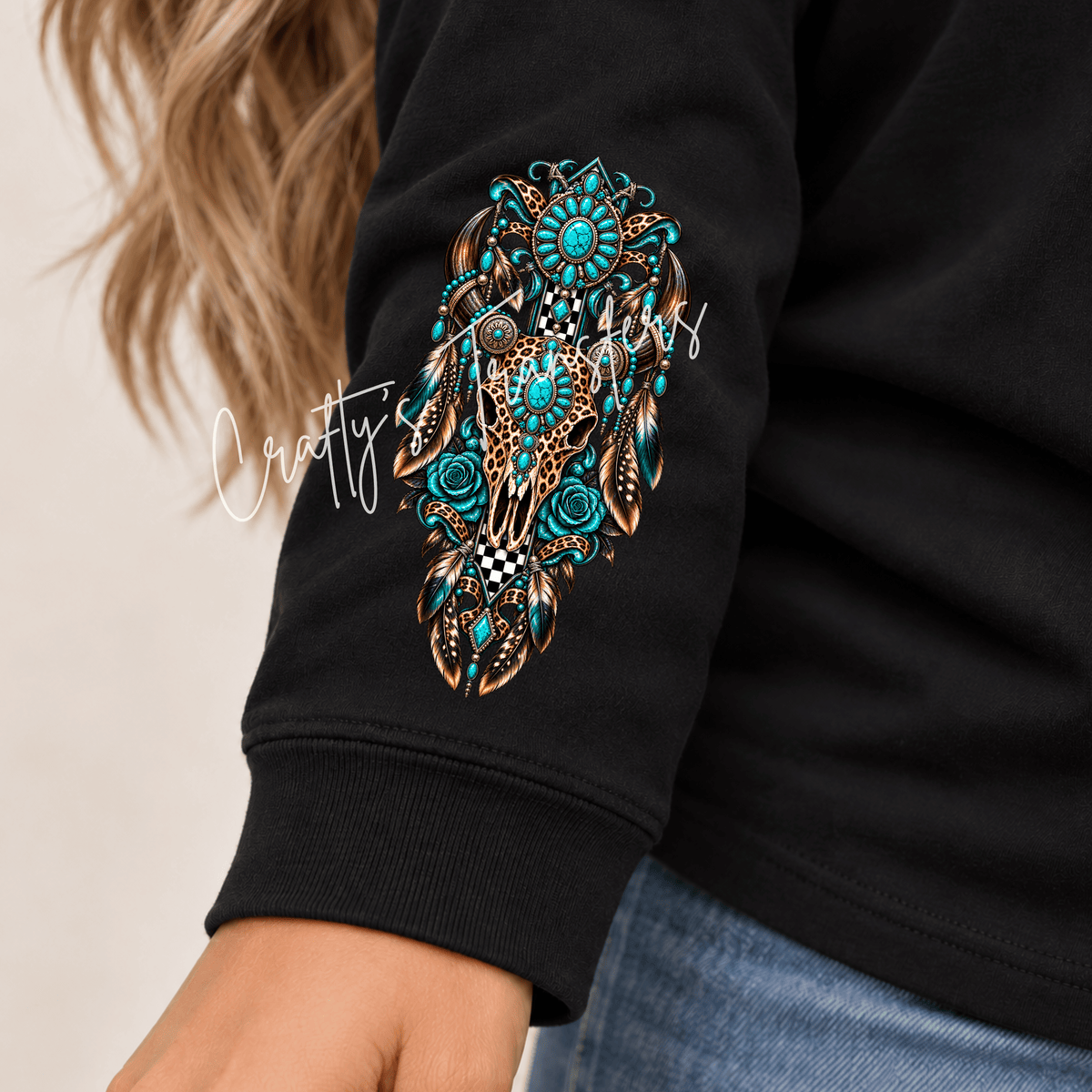 Cowgirl Western Skull DTF Transfer – Turquoise Leopard Steer Skull Design