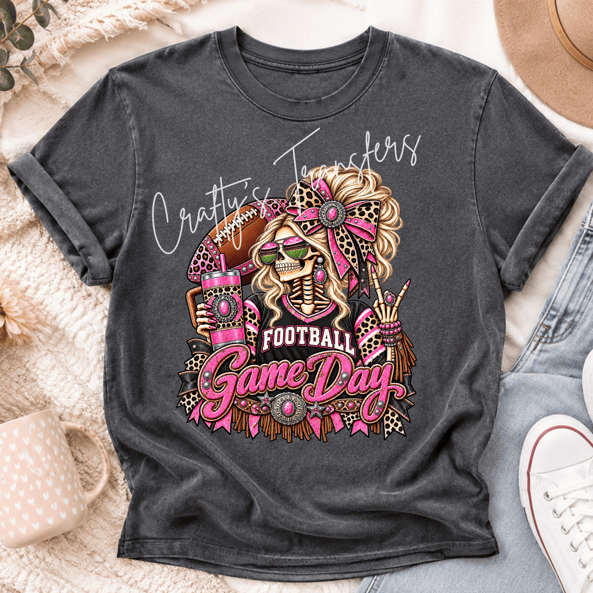 Pink Football Game Day Skeleton Girl DTF Transfer – Leopard Print Sports Shirt Design – Girly Football DTF