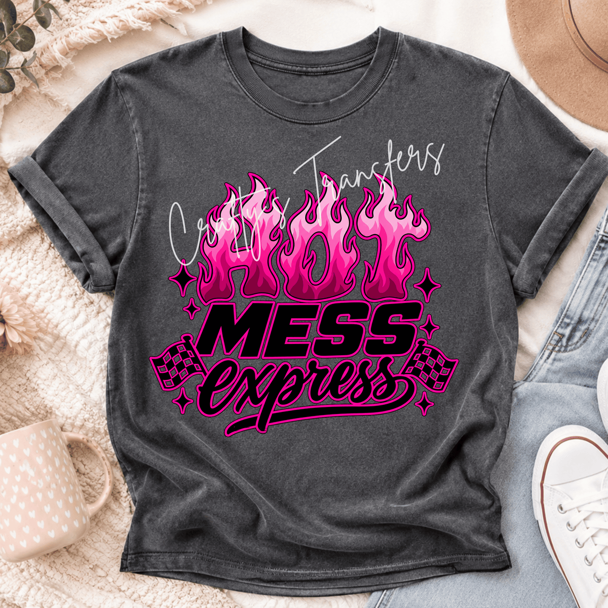 Pink Hot Mess Express DTF Transfer – Ombre Flame Checkered Flag Funny Design Description