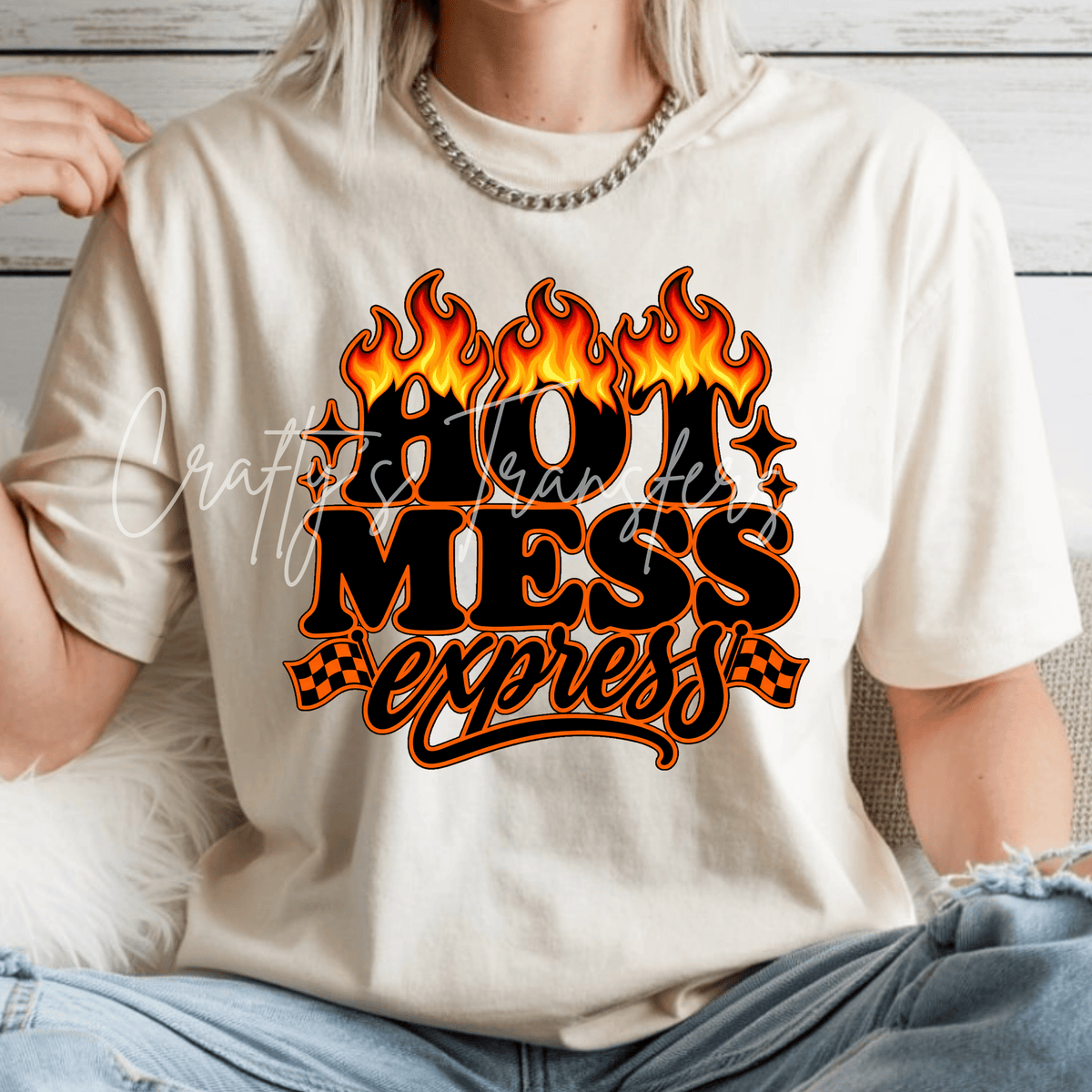 Hot Mess Express DTF Transfer – Flaming Checkered Flag Funny Retro Design