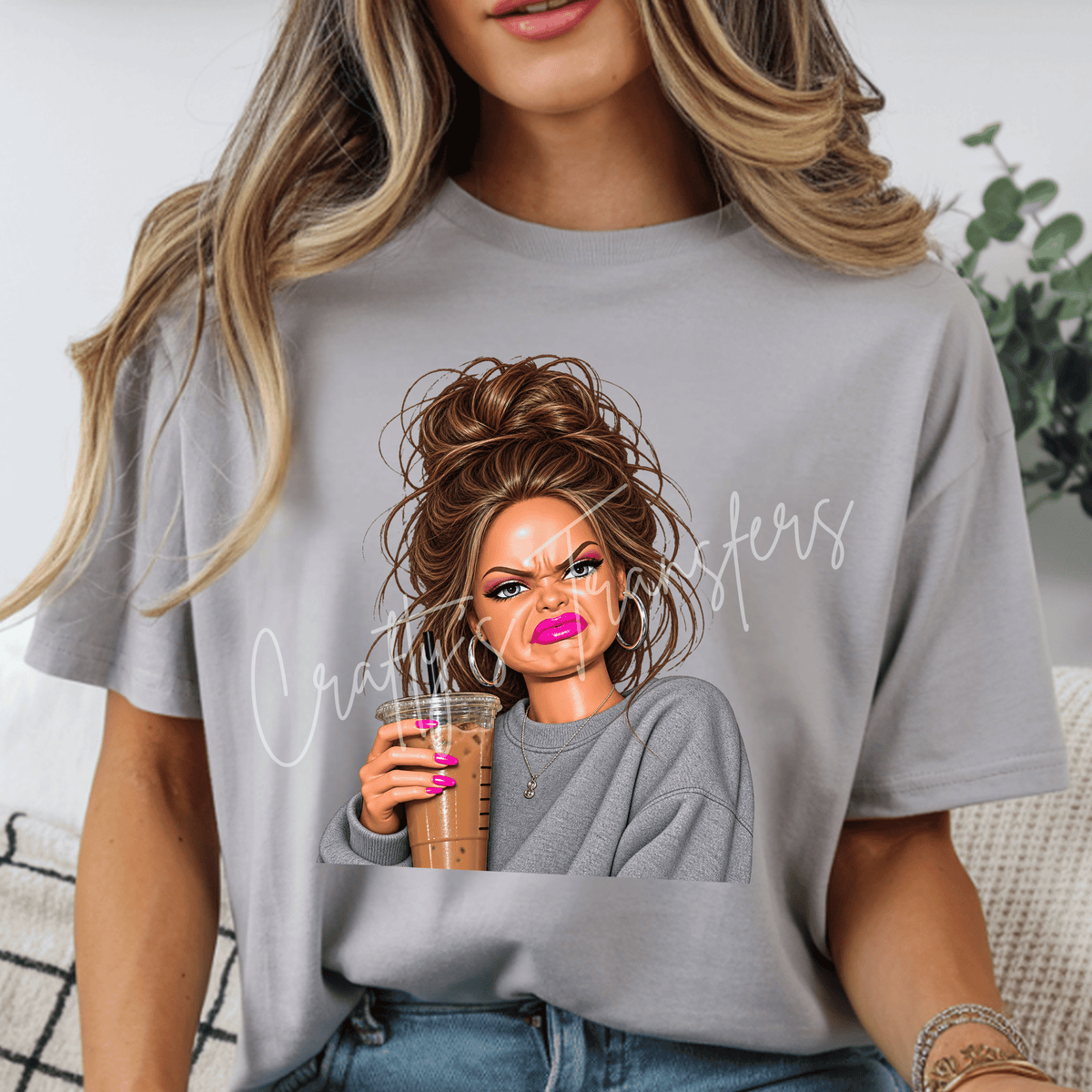 Sassy Iced Coffee Girl DTF Transfer – Messy Bun Attitude Humor Design