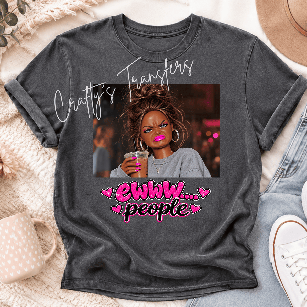 Eww People Funny DTF Transfer – Pink Glitter Introvert Humor Graphic – Iced Coffee Sarcastic Shirt Transfer