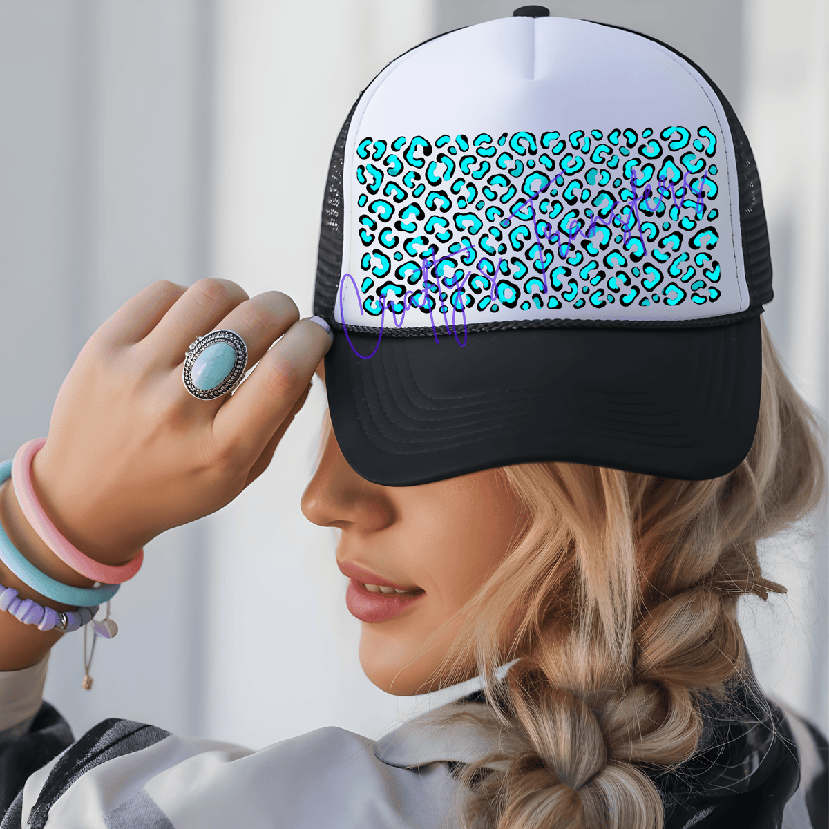 Turquoise Leopard Print DTF Trucker Hat Patch