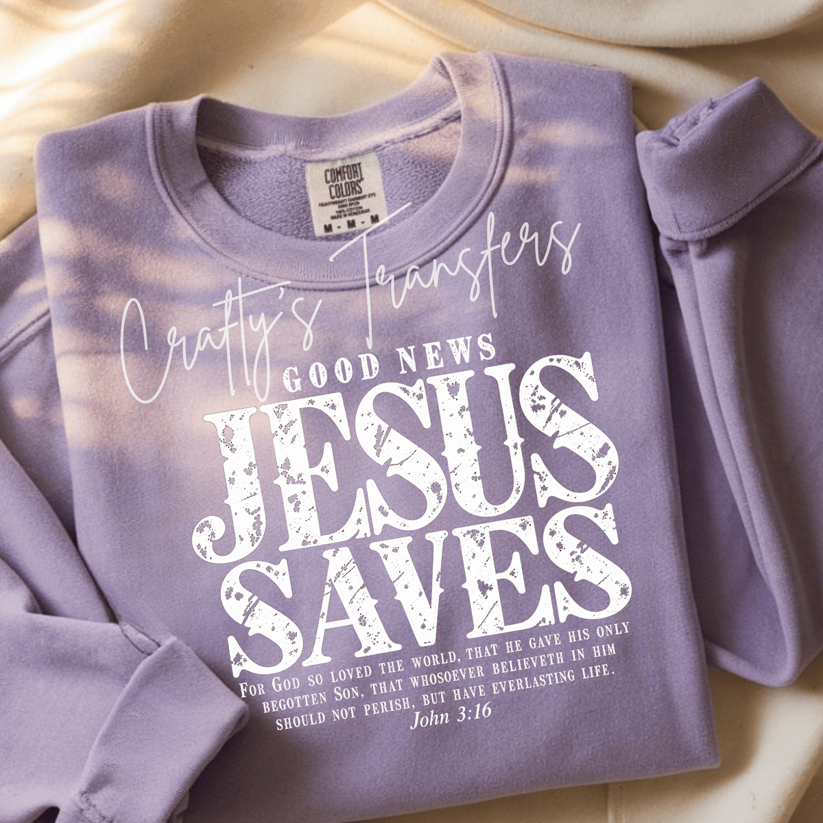 Jesus Saves DTF Transfer – John 3:16 Good News Christian Scripture Distressed Design
