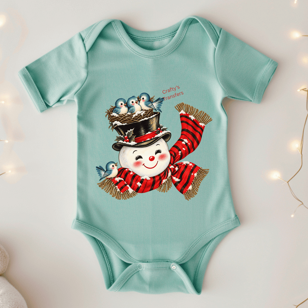Vintage Snowman & Bluebirds DTF Transfer – Retro Christmas Winter Holiday Design