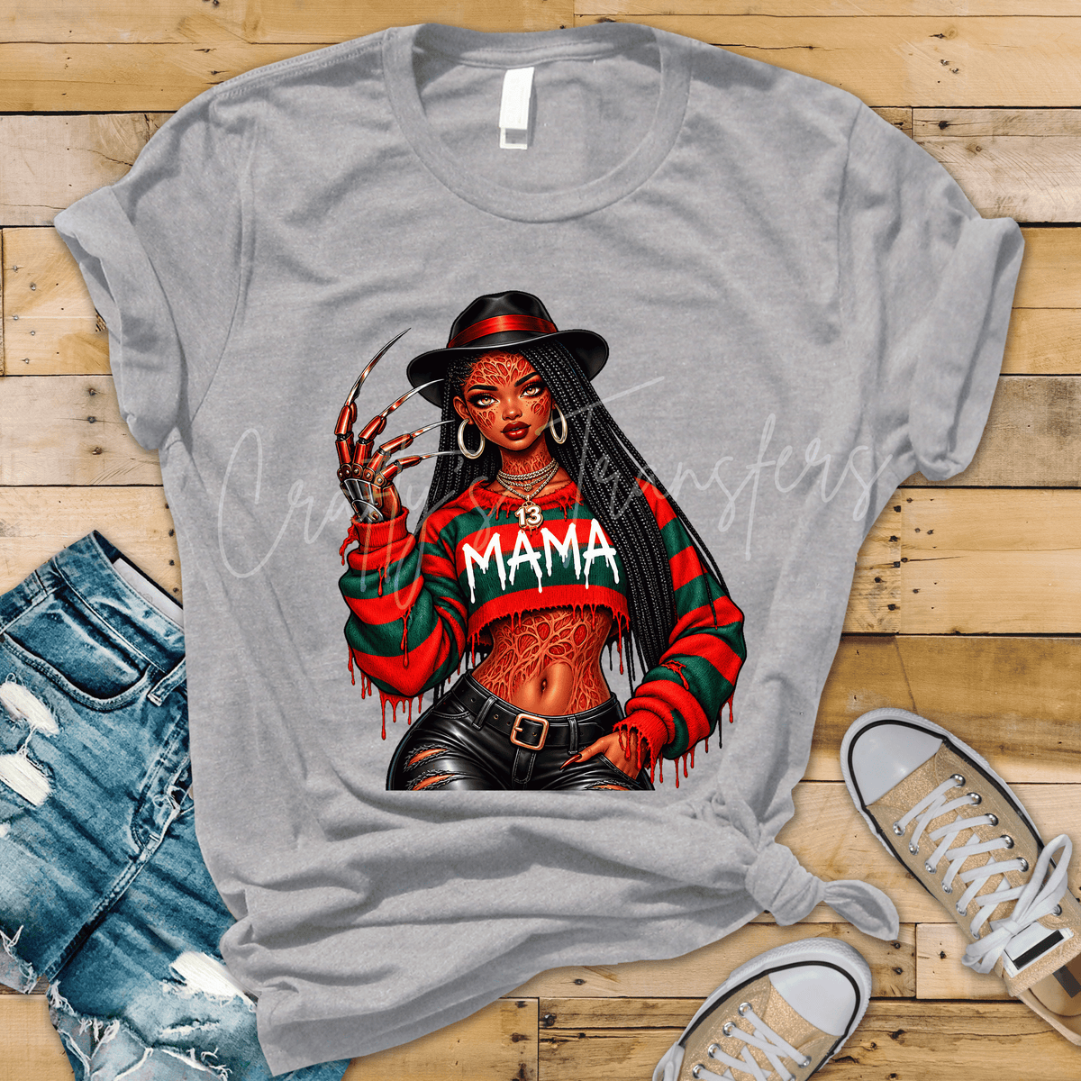 Nightmare Mama Horror Girl DTF Transfer – Spooky Red & Green Halloween Mom Design