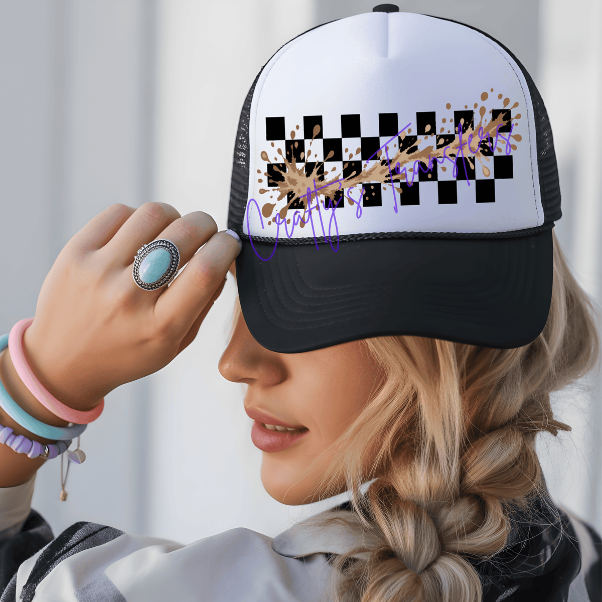 Black Check Mud Splash Hat DTF Transfer