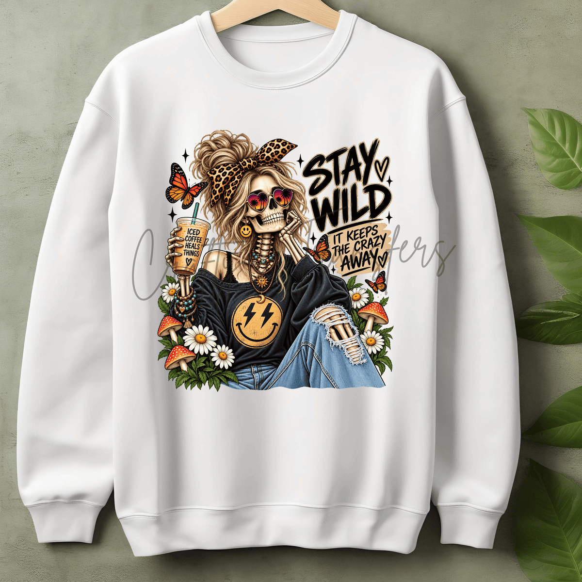 Stay Wild Skeleton Girl DTF Transfer – Iced Coffee Leopard Boho Graphic