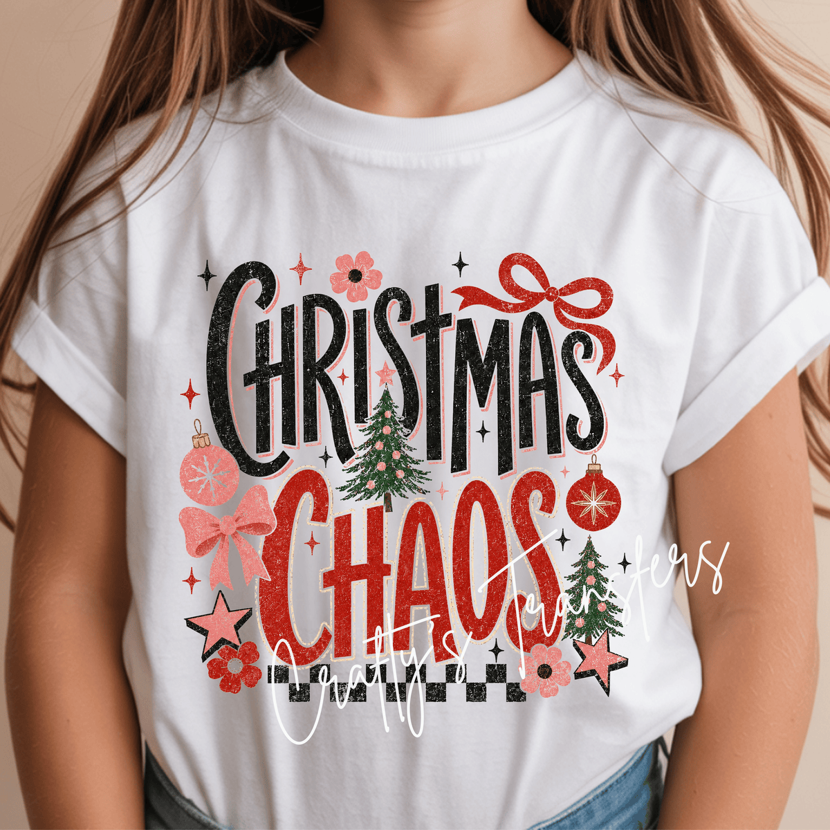 Christmas Chaos DTF Transfer – Retro Holiday Bows Christmas Trees & Checkered Design