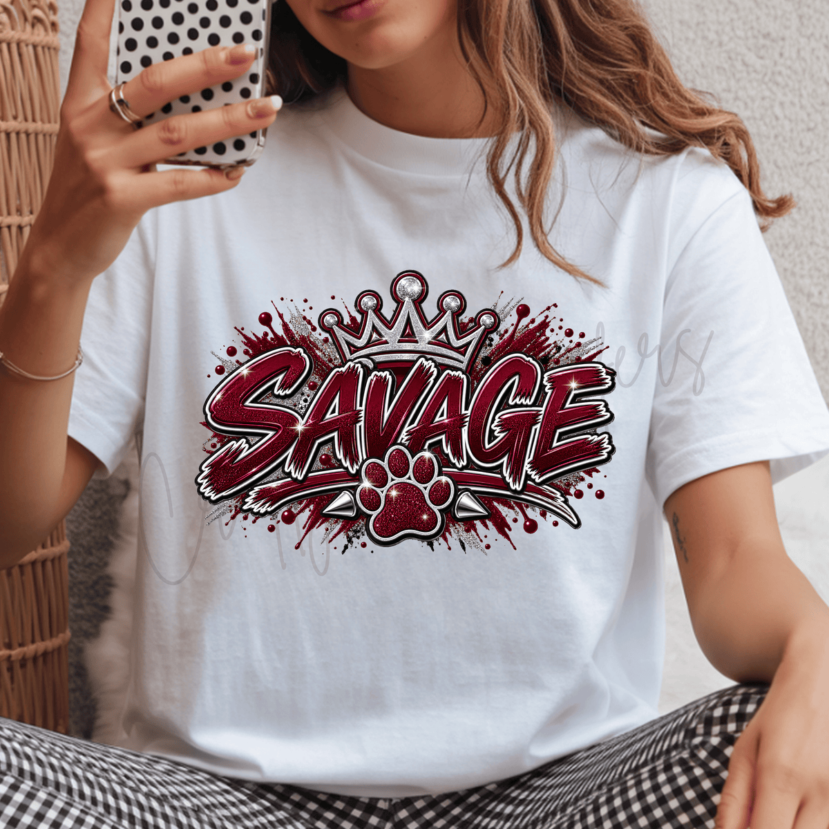Savage Red Crown & Paw DTF Transfer – Bold Glitter Style Spirit Design