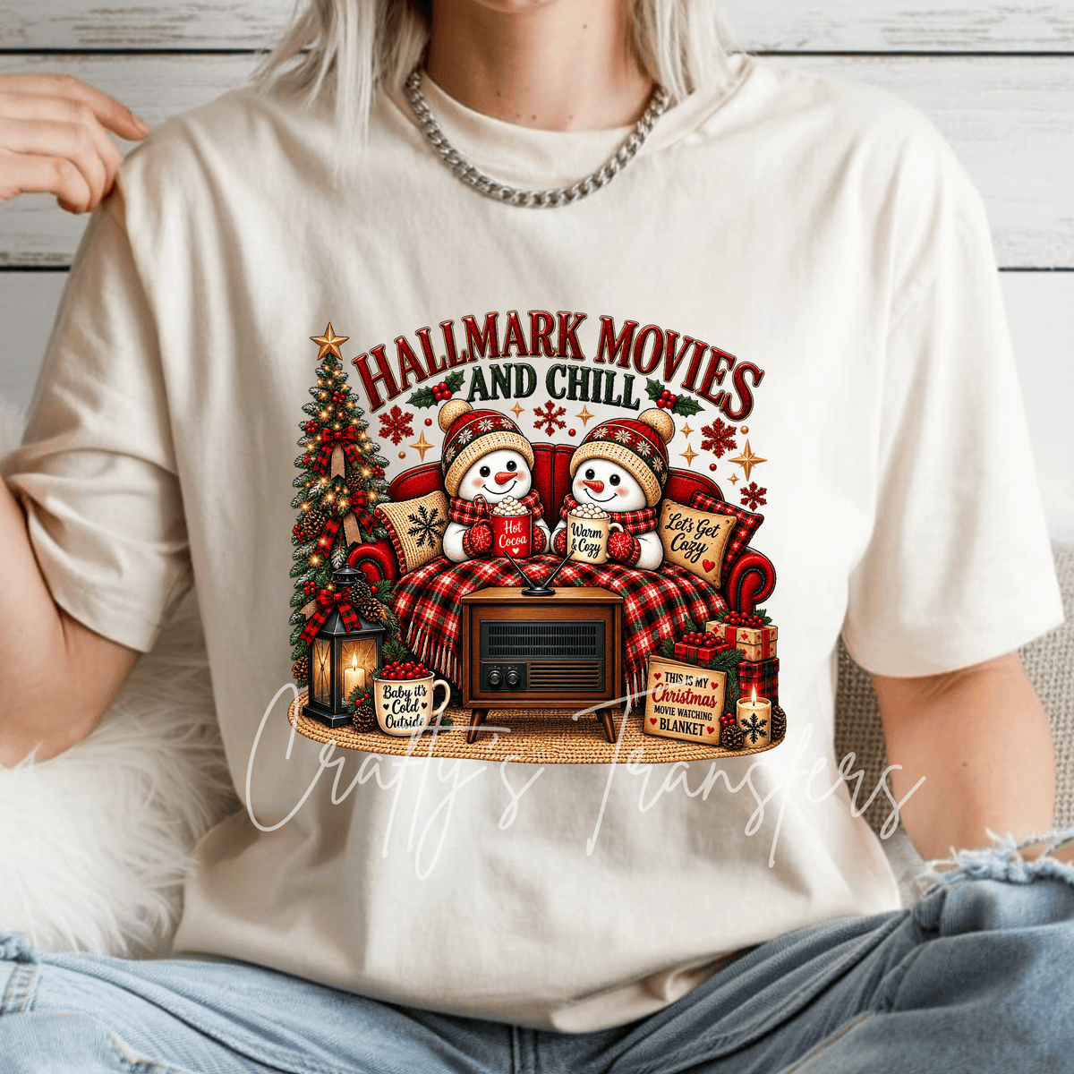 Movies and Chill Snowman Christmas DTF Transfer – Cozy Holiday Movie Night Design