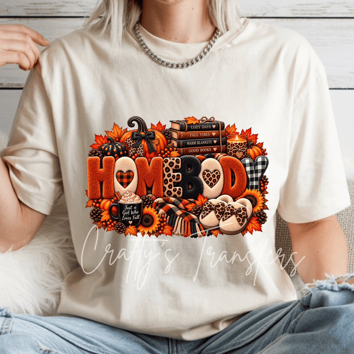 Homebody Fall DTF Transfer – Cozy Autumn Pumpkin Books & Leopard Print Graphic