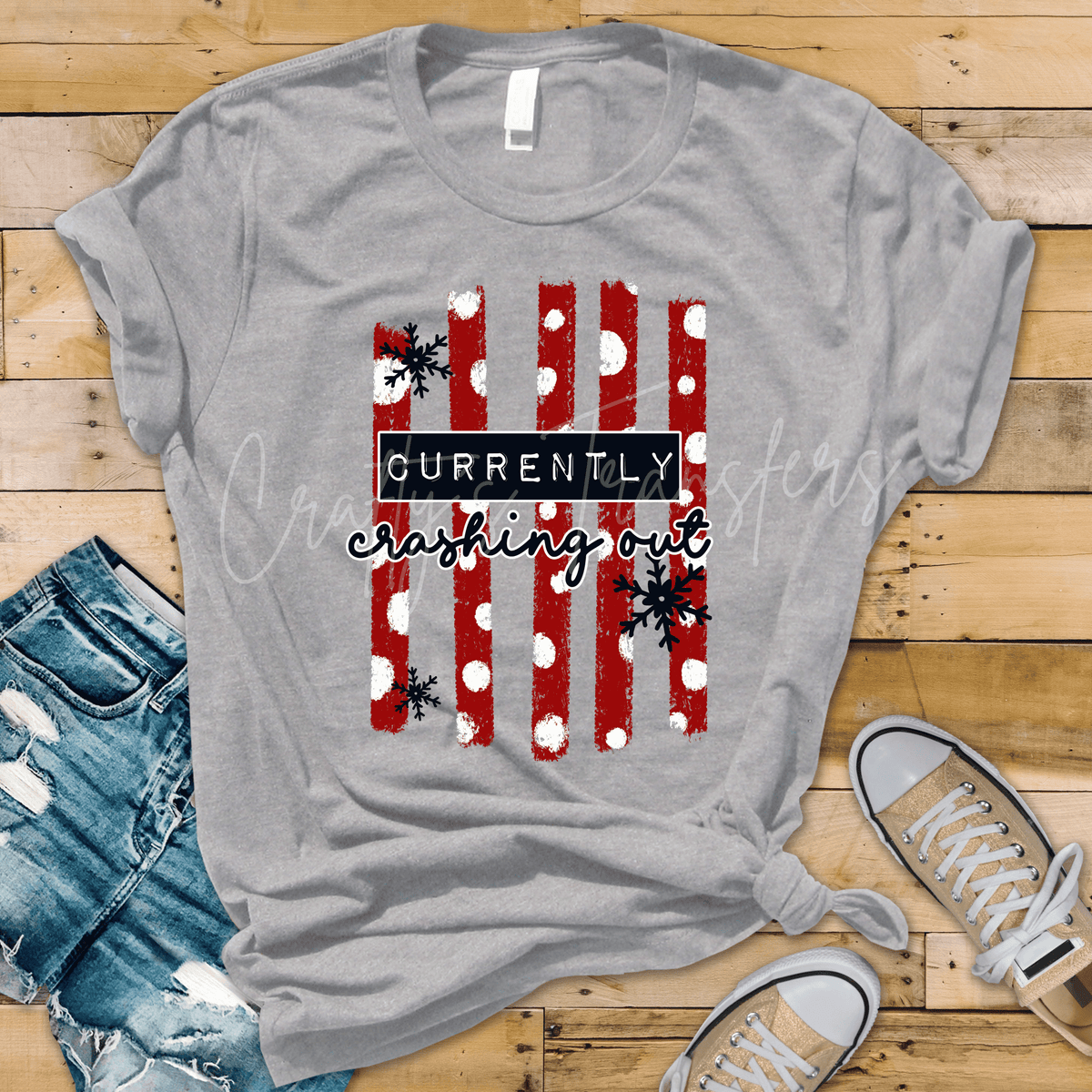Currently Crashing Out DTF Transfer – Red Polka Dot Distressed Funny Graphic