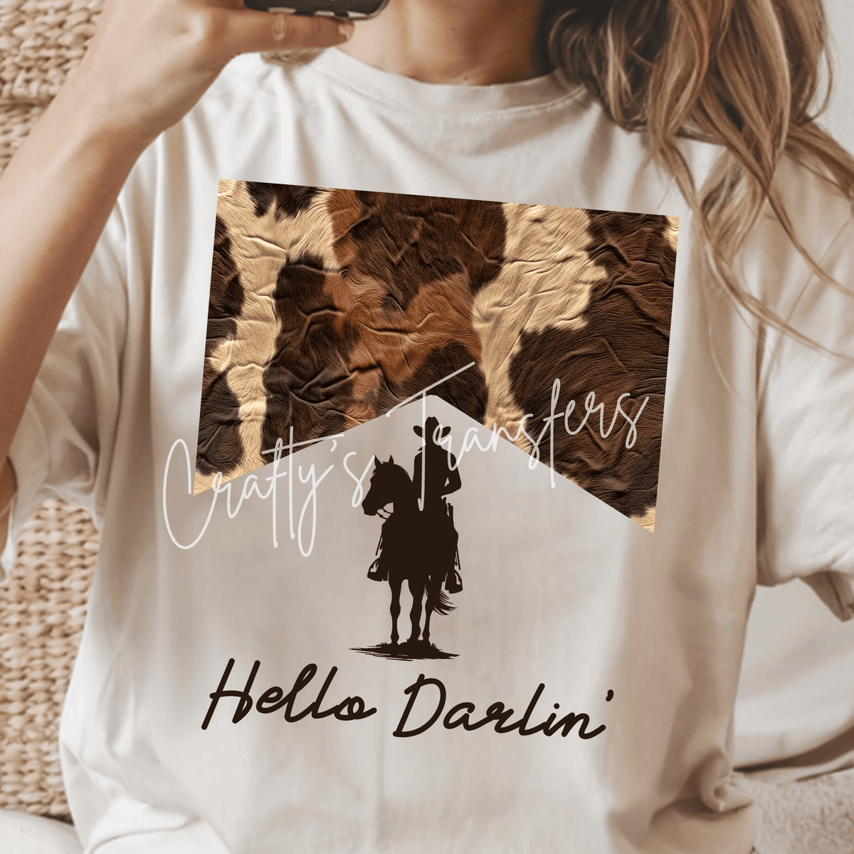 Hello Darlin’ Cowhide Cowboy DTF Transfer – Western Horse Rider Graphic