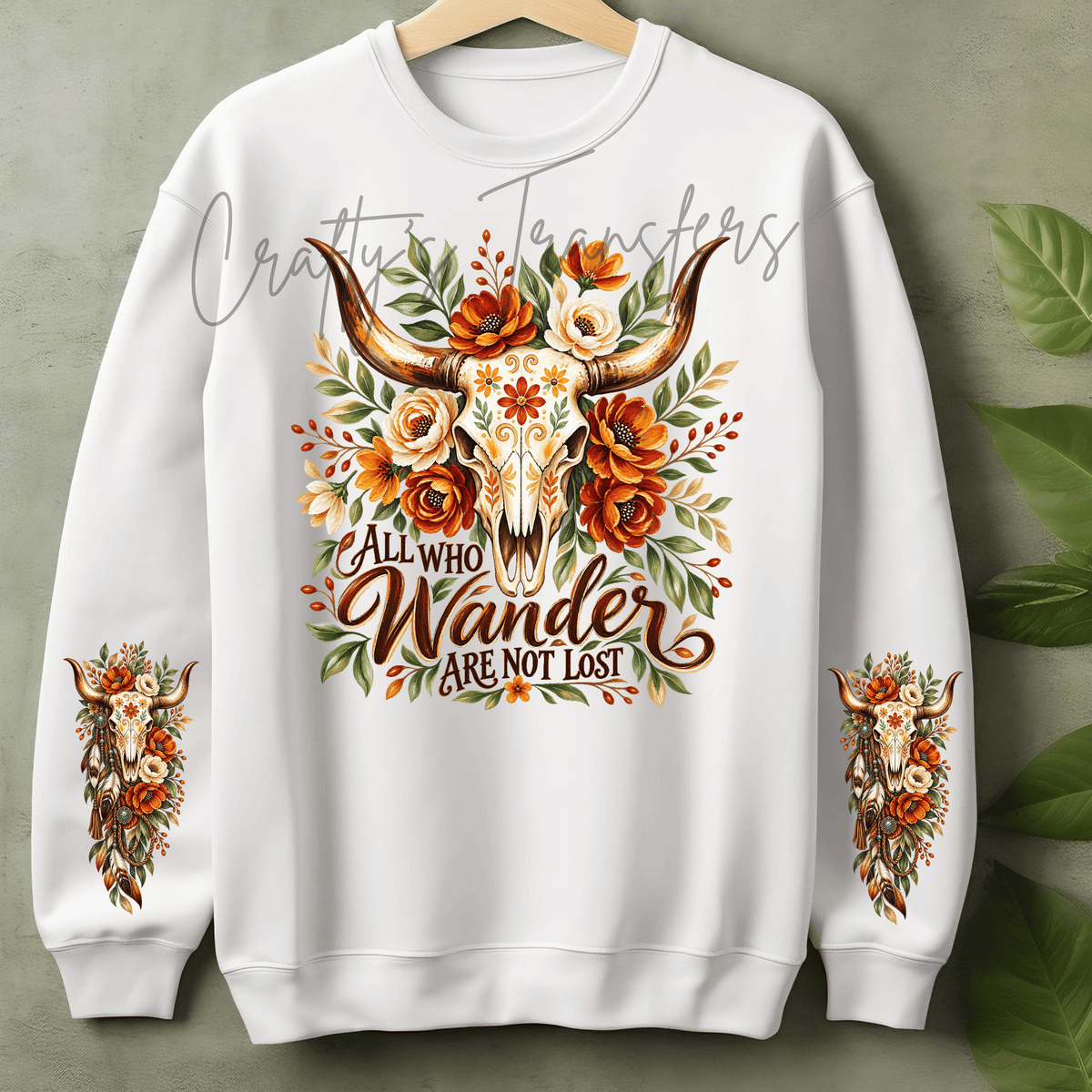 All Who Wander Are Not Lost DTF Transfer – Western Longhorn Skull Floral Shirt Design – Boho Cowgirl DTF