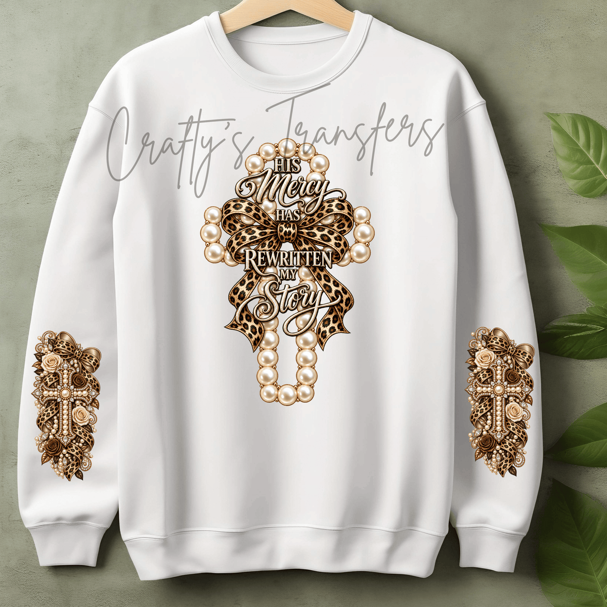 His Mercy Has Rewritten My Story DTF Transfer – Leopard Bow Pearl Cross Faith Graphic