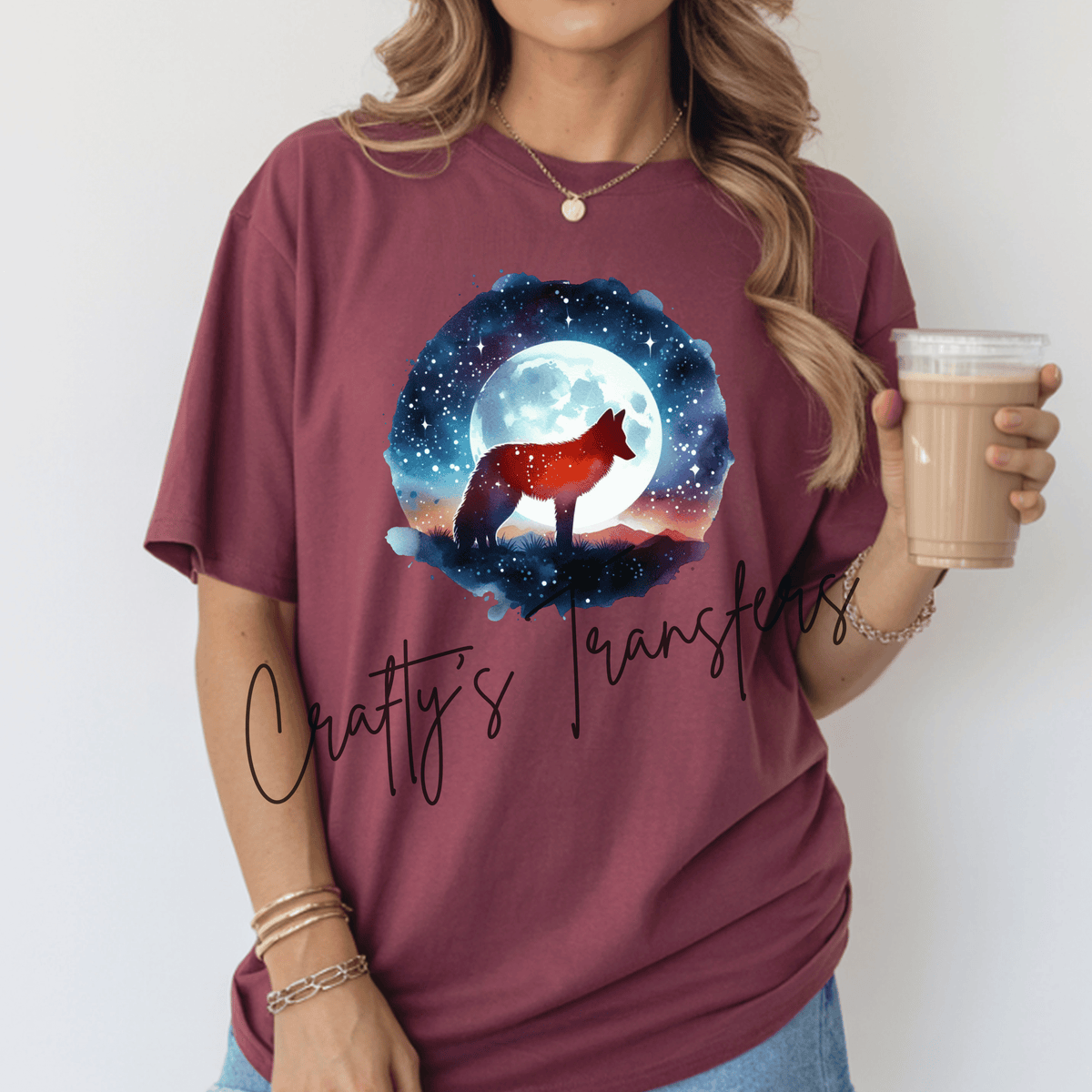 Moonlit Wolf DTF Transfer – Celestial Full Moon Woodland Animal Graphic