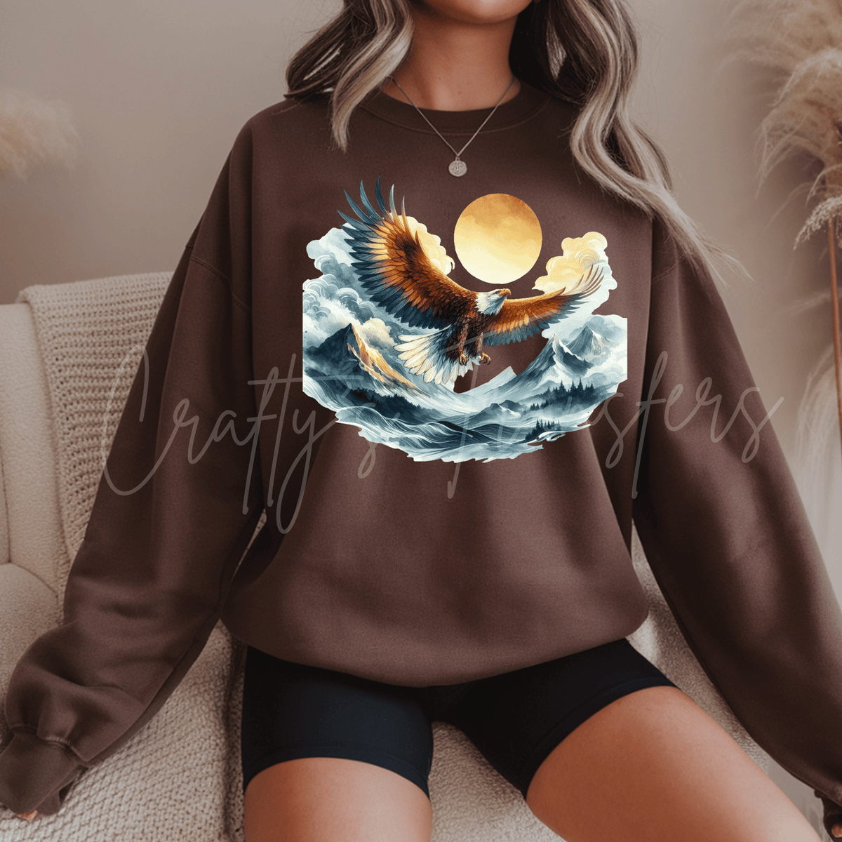 Native American Inspired Eagle DTF Transfer – Bald Eagle Mountain & Sun Nature Design