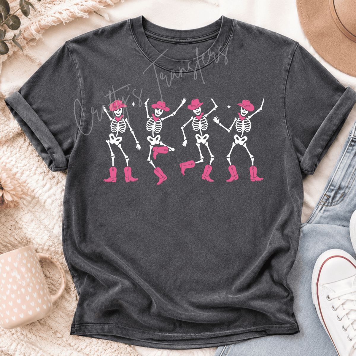 Dancing Cowgirl Skeletons DTF Transfer – Pink Cowboy Boots & Hats Shirt Design – Western Disco DTF