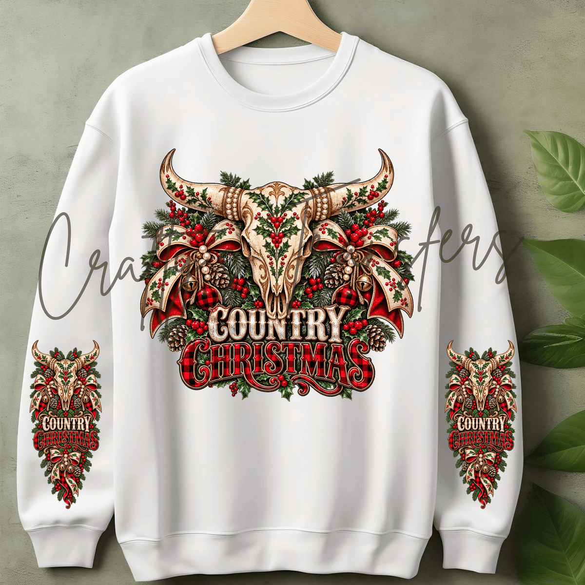 Country Christmas DTF Transfer – Western Cow Skull, Buffalo Plaid & Holly Holiday Design