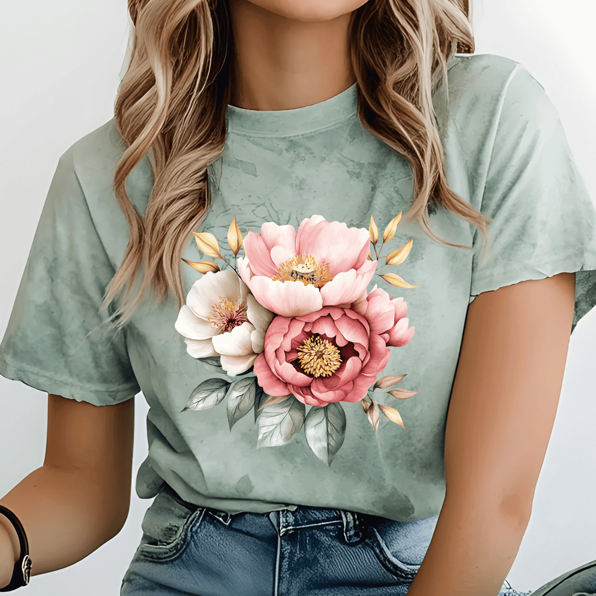 Blush Pink Peony Floral DTF Transfer – Watercolor Flower Bouquet Design