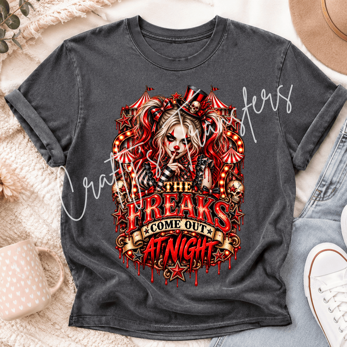 Creepy Carnival Girl DTF Transfer – Red Black Circus Horror Shirt Design – Dark Carnival Halloween DTF