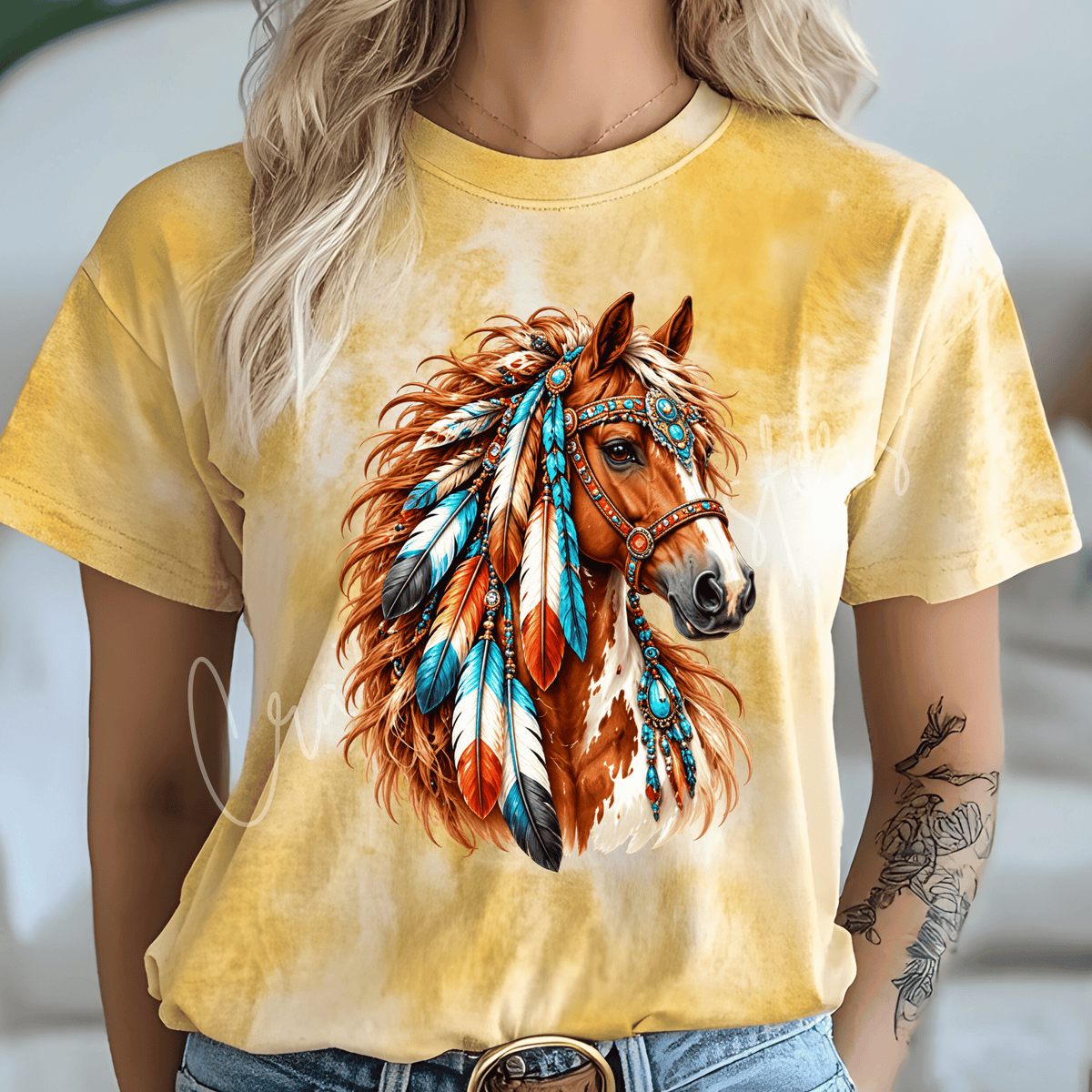 Turquoise Feather Horse DTF Transfer – Western Horse Shirt Design – Boho Equestrian DTF