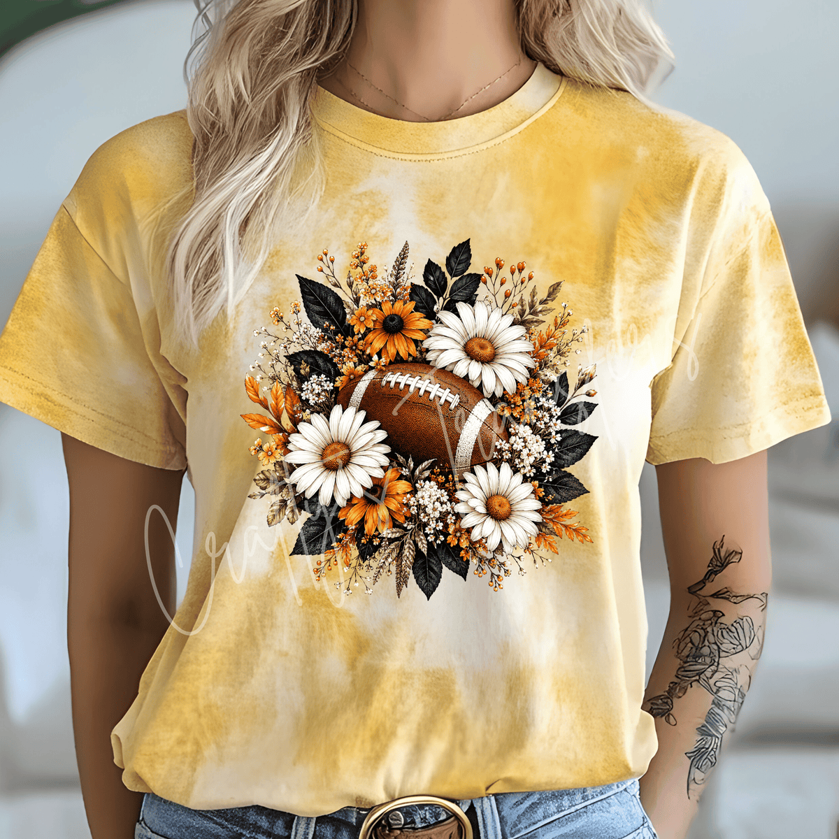 Floral Football DTF Transfer – Daisy & Wildflower Game Day Shirt Design – Fall Sports DTF Transfer