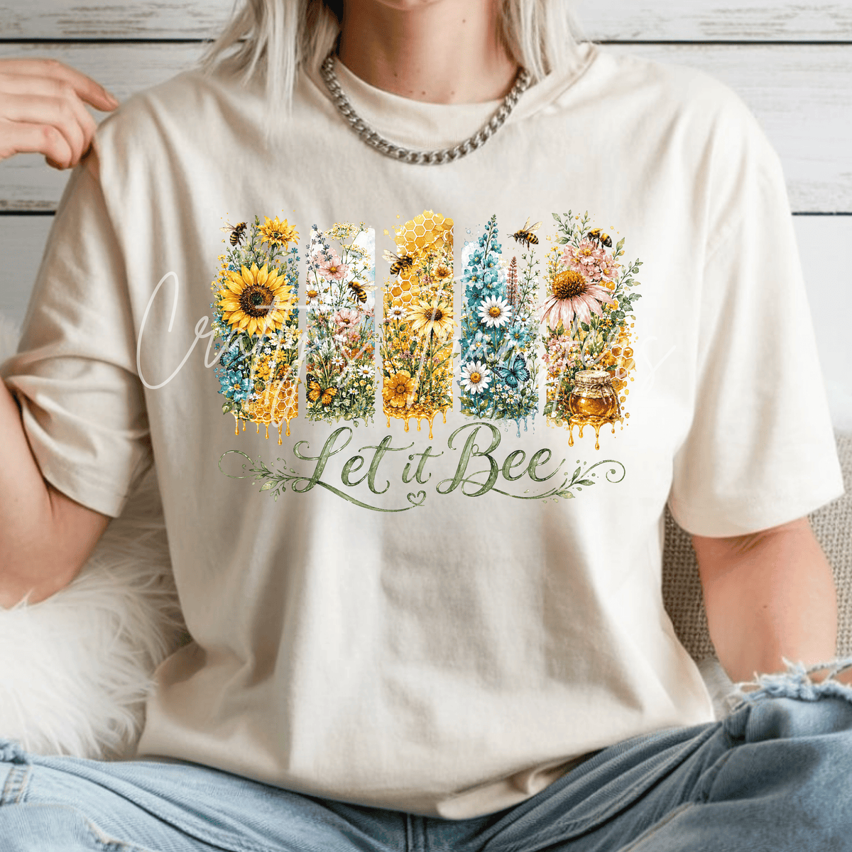 Let It Bee DTF Transfer – Floral Bee Sunflower Honeycomb Shirt Design – Wildflower Nature DTF