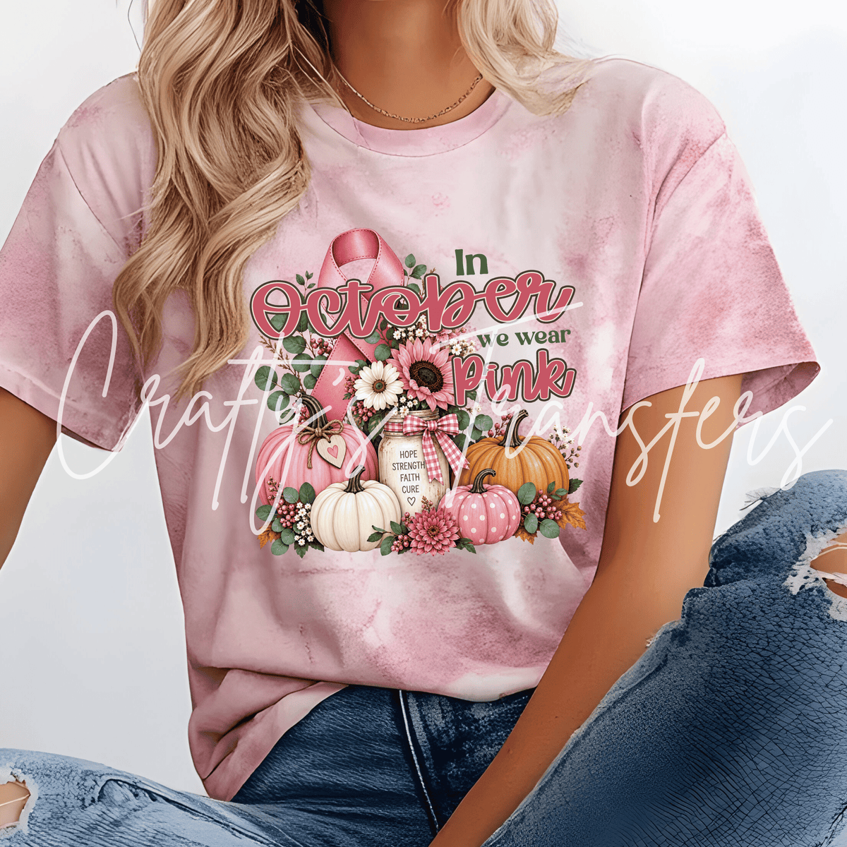 In October We Wear Pink DTF Transfer – Breast Cancer Awareness Fall Pumpkin Shirt Design – Pink Ribbon DTF