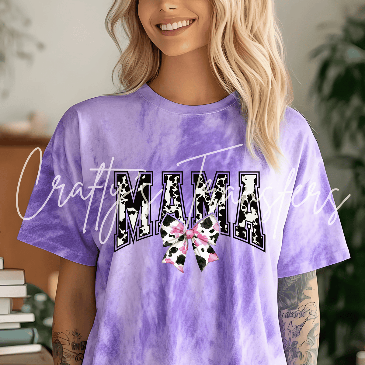 Mama Cow Print DTF Transfer – Western Mom Bow Shirt Design – Black White Pink Cow Print DTF