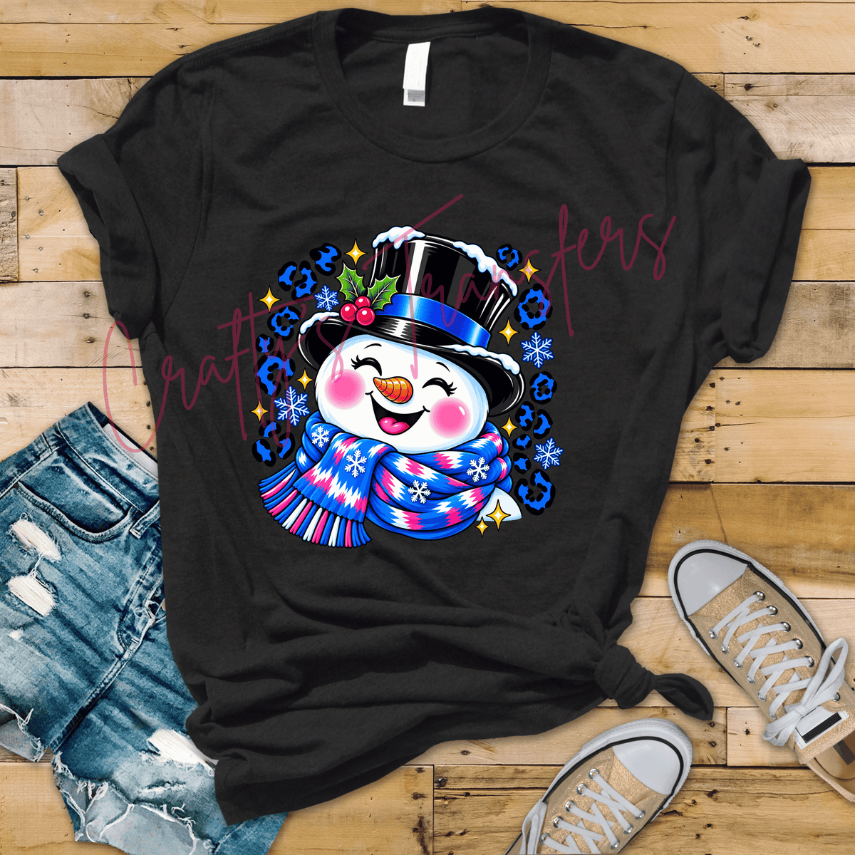 Cute Snowman DTF Transfer – Blue Leopard Christmas Snowman Shirt Design – Girly Winter Holiday DTF