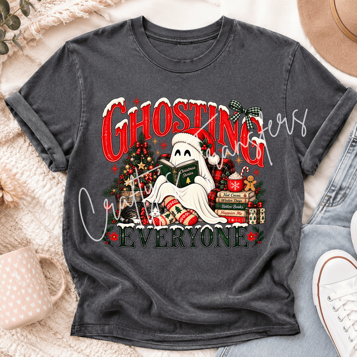 Ghosting Everyone Christmas DTF Transfer – Book Lover Ghost Holiday Shirt Design – Cozy Christmas DTF