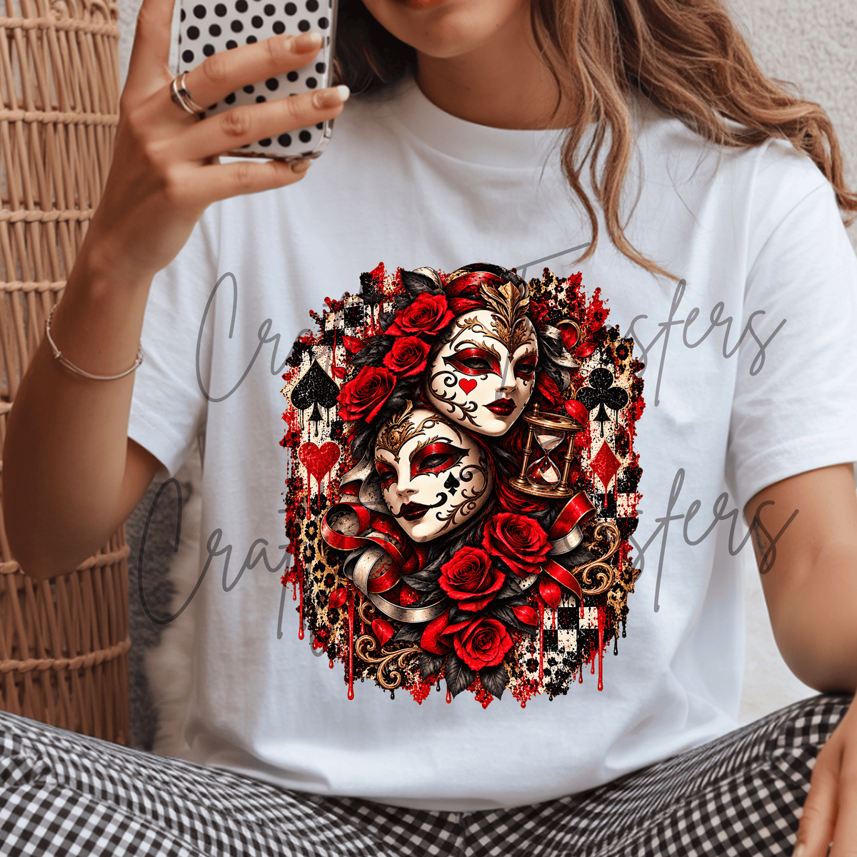 Gothic Masquerade DTF Transfer – Red Rose Playing Card Girl Shirt Design – Dark Carnival Grunge DTF