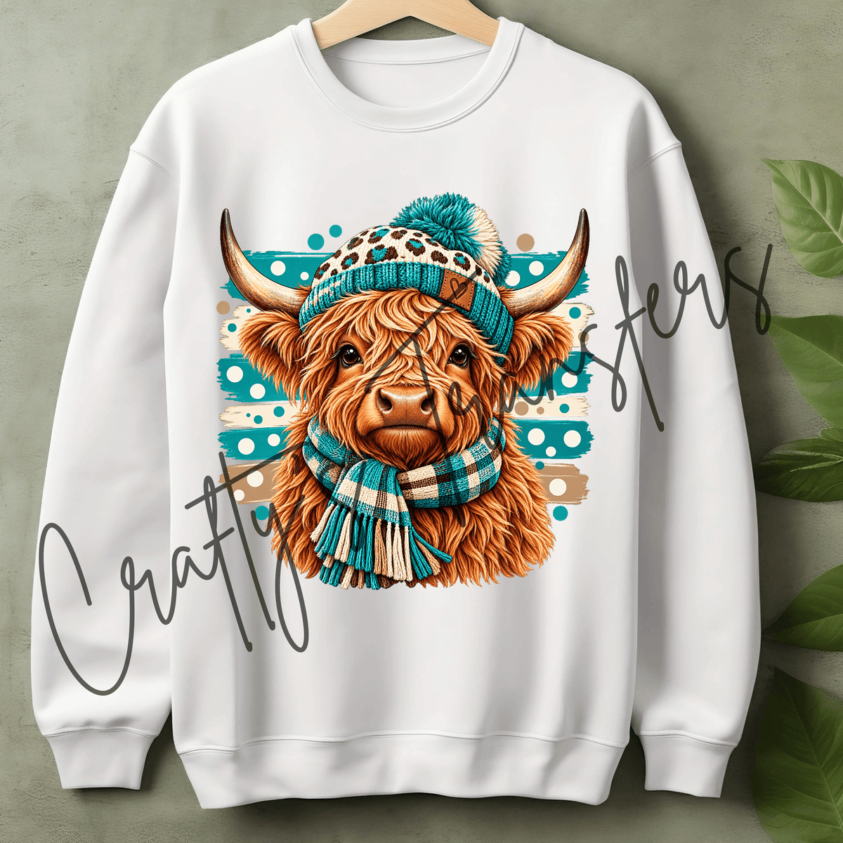 Winter Highland Cow DTF Transfer – Turquoise Leopard Hat & Scarf Cow Shirt Design – Cozy Highland Cow DTF
