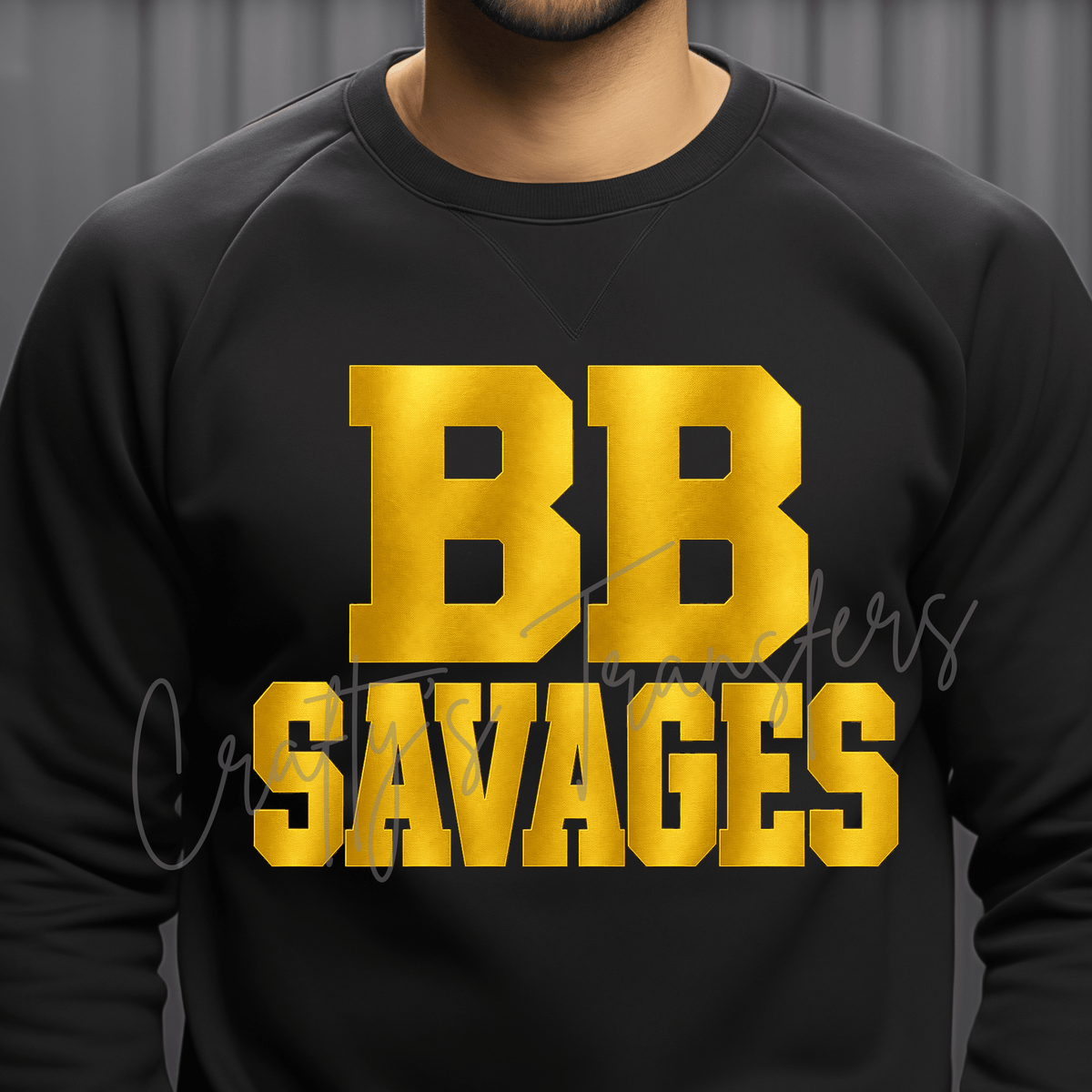 BB Savages DTF Transfer – Gold Varsity Letter Sports Shirt Design – Black & Gold Spirit DTF