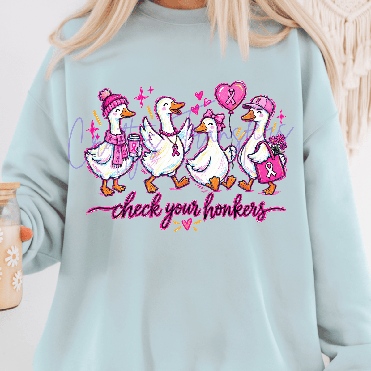 Check Your Honkers Breast Cancer Awareness DTF Transfer – Pink Ribbon Goose Graphic