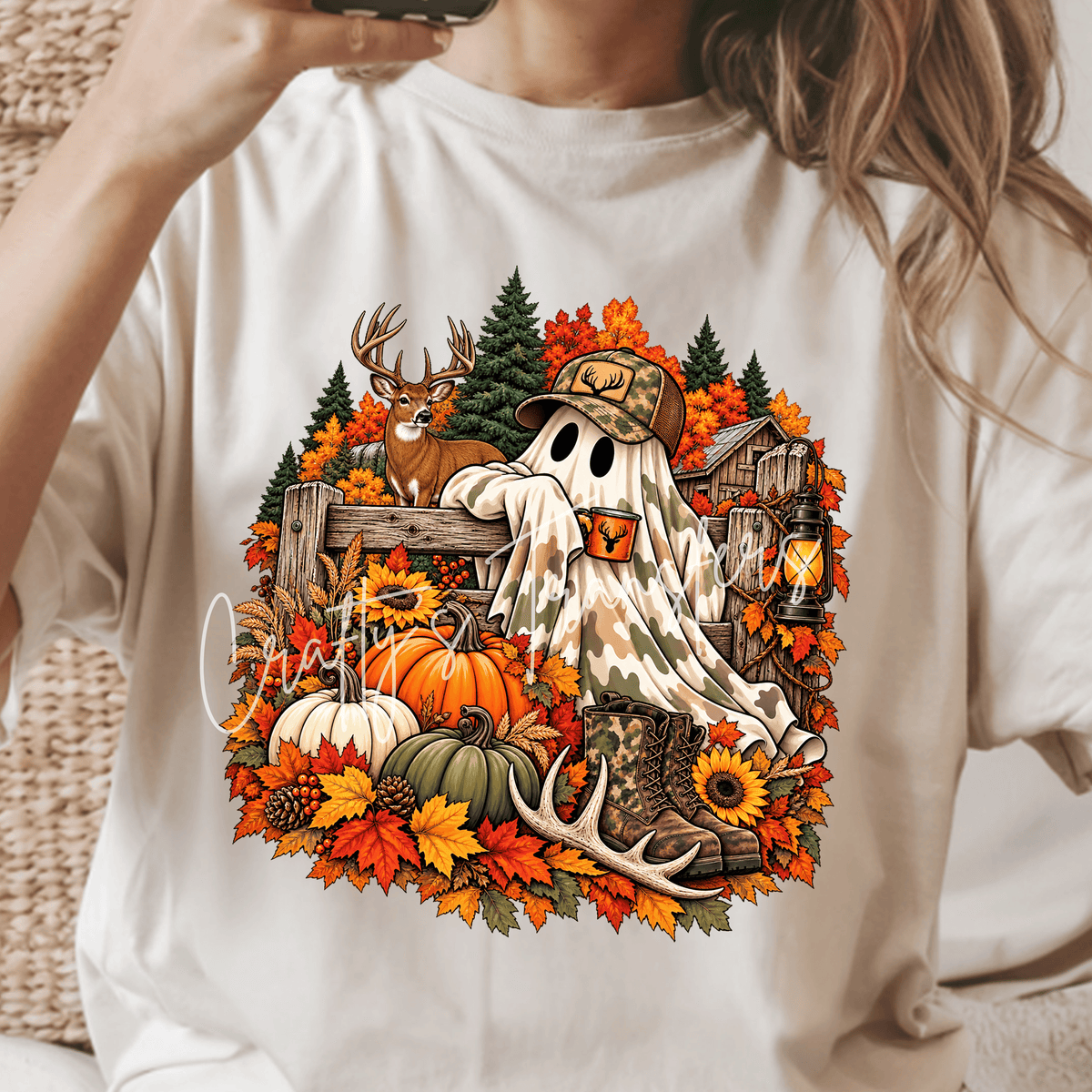 Hunting Ghost DTF Transfer – Camo Fall Hunter Shirt Design – Outdoorsman Halloween DTF