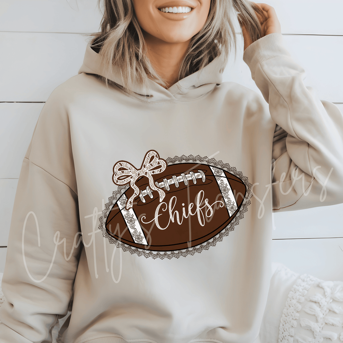 Brown & White Lace Football Bow DTF Transfer – Girly Game Day Shirt Design – Neutral Football DTF