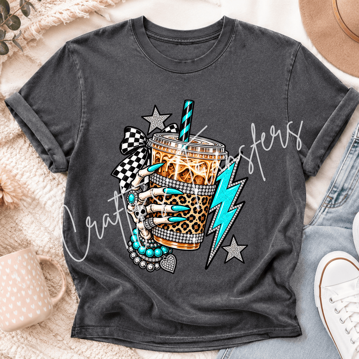 Leopard Iced Coffee DTF Transfer – Turquoise Skeleton Hand Coffee Shirt Design – Checkerboard Girly DTF