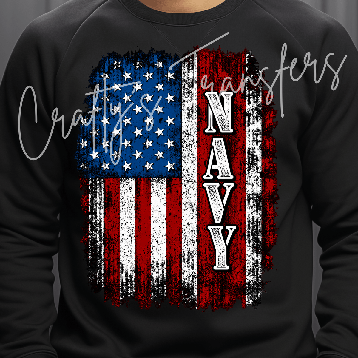 Distressed Patriotic Flag DTF Transfer – Red White Blue Military Inspired Shirt Design – Vintage American Flag DTF
