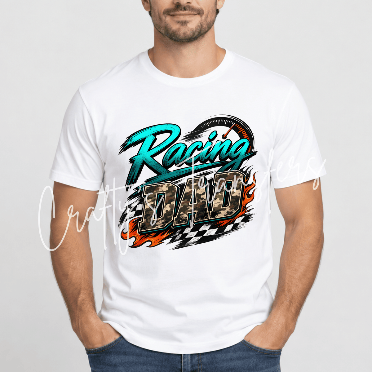 Racing Dad DTF Transfer – Camo Race Car Dad Graphic – Checkered Flag Motorsports DTF – Ready to Press Transfer