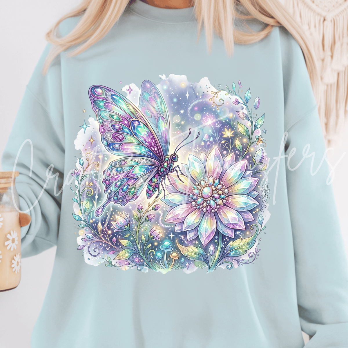 Crystal Butterfly DTF Transfer – Pastel Fantasy Butterfly Graphic – Celestial Floral DTF – Ready to Press Transfer