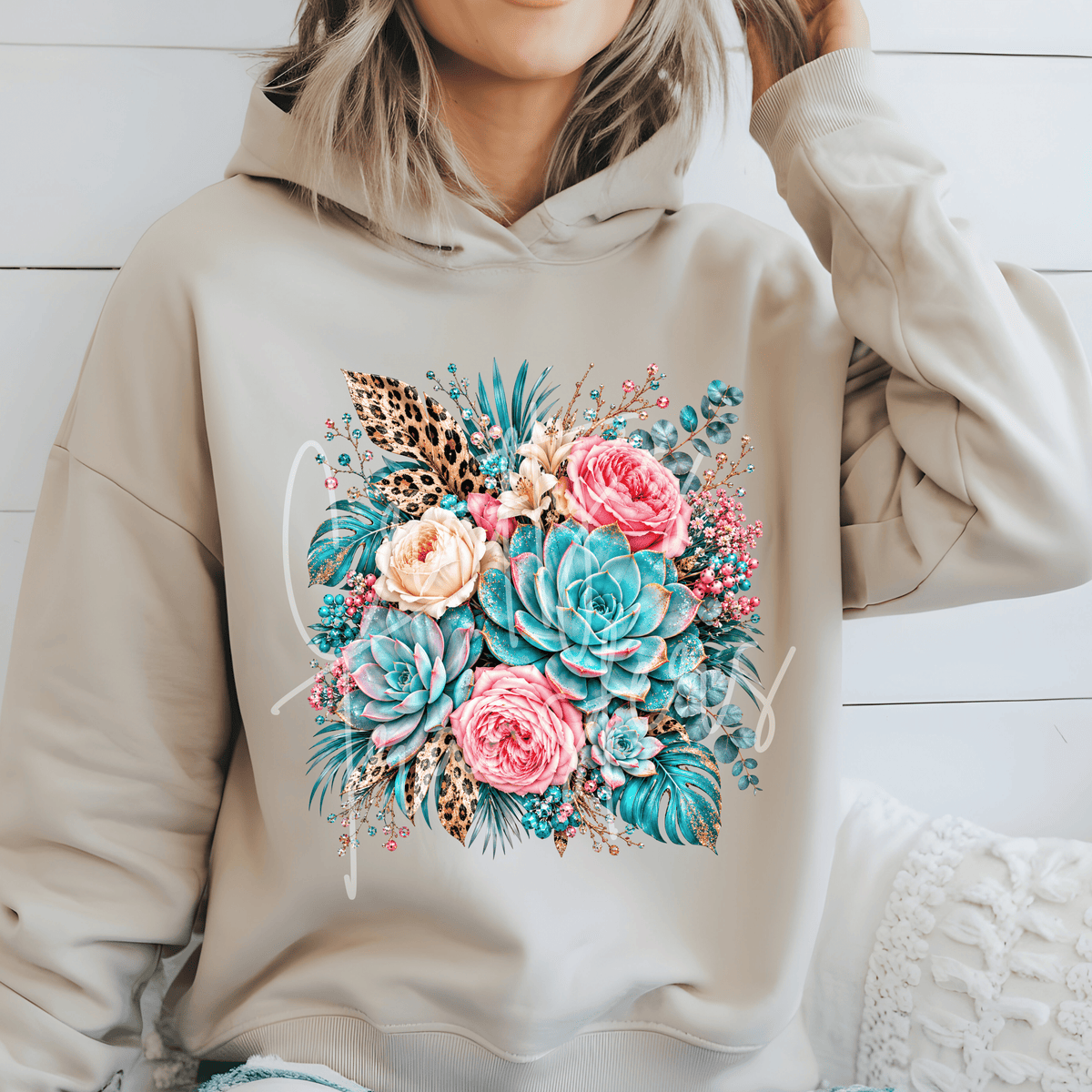 Turquoise Succulent Floral DTF Transfer – Pink Rose & Leopard Botanical Graphic – Boho Floral DTF – Ready to Press Transfer