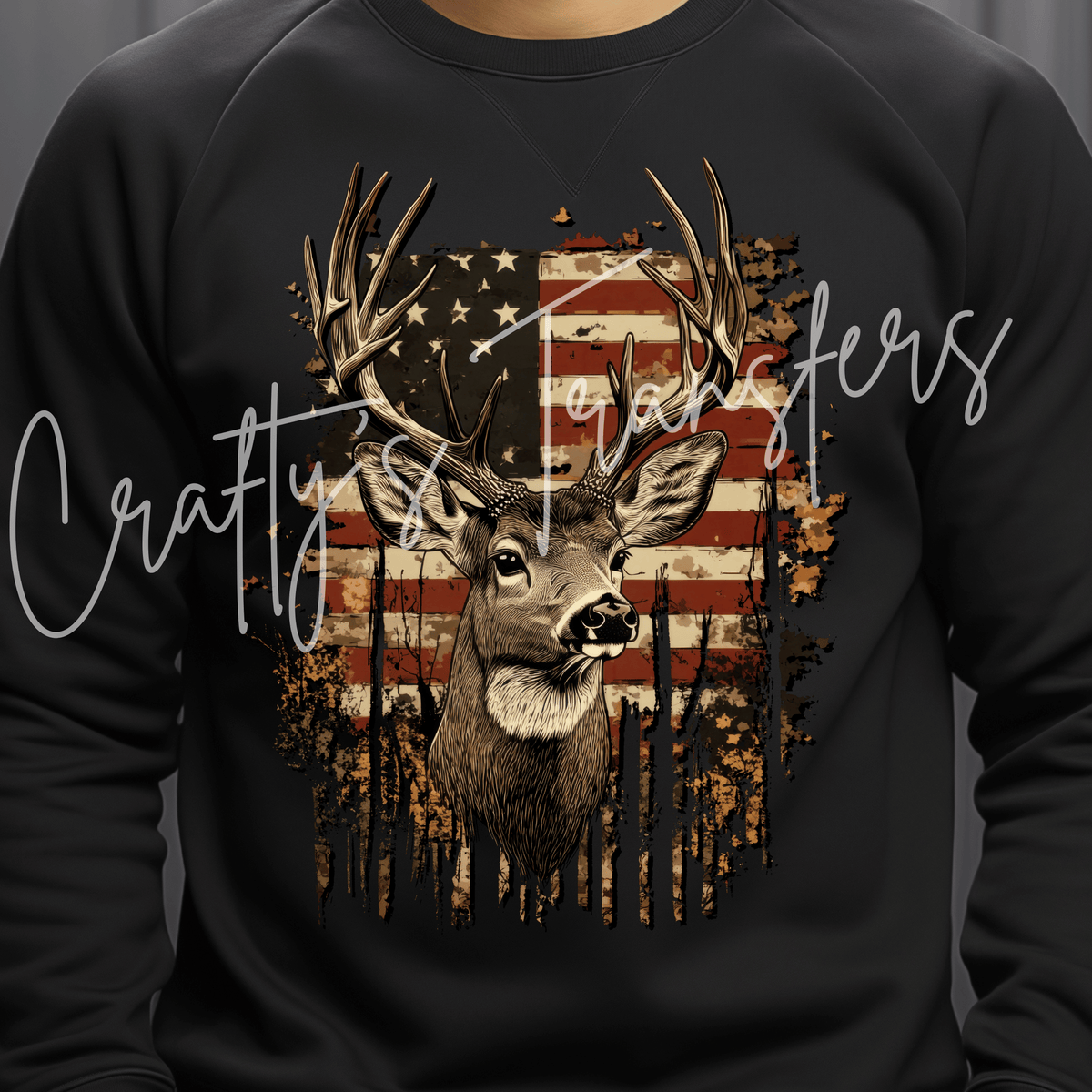 Patriotic Buck DTF Transfer – American Flag Deer Hunting Graphic – Outdoors Ready to Press DTF