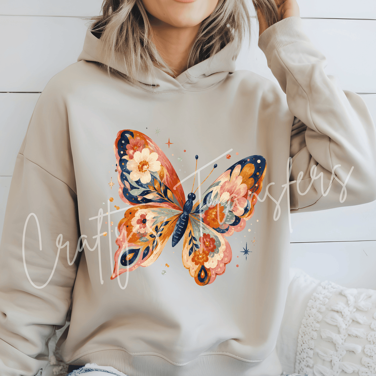 Orange Floral Butterfly DTF Transfer – Navy Boho Butterfly Graphic – Ready to Press DTF