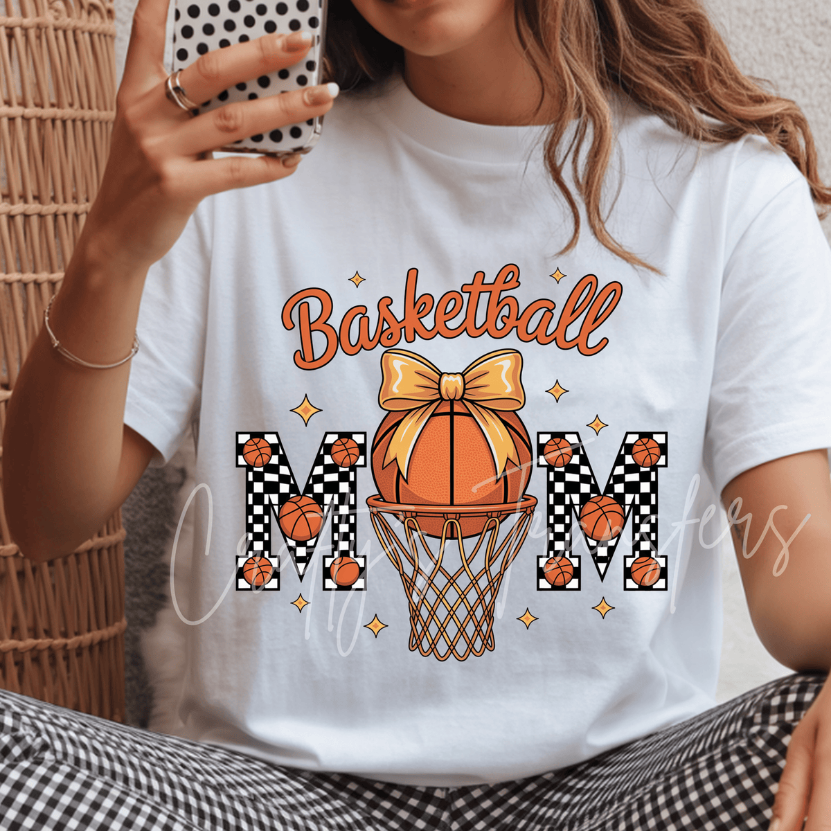 Basketball Mom DTF Transfer – Checkerboard Sports Mom Shirt Design – Bow Basketball DTF